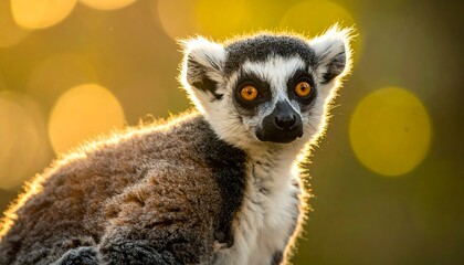 Fototapeta premium Striking lemur portrait, illuminated by a warm, golden bokeh background, showing curious orange eyes