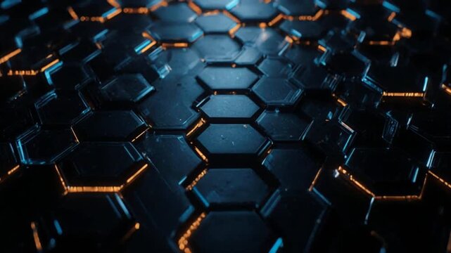 A dark background featuring a repeating pattern of black hexagonal shapes with glowing orange edges
