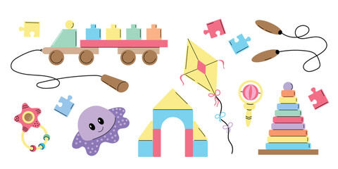Colorful baby toys collection featuring toy train, building blocks, puzzle pieces, kite, rattle, stacking rings, octopus plush, jump rope, and educational pyramid in soft pastel colors © Mariana