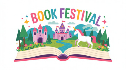 Vibrant book festival illustration with unicorn castle and open book on white background surrounded by trees and flowers