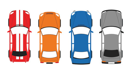 Four colorful sports car vehicles viewed from directly above in a graphic design illustration