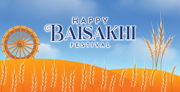 Happy Baisakhi Festival Landscape Banner with Wheat Field, Blue Sky and Traditional Harvest Theme