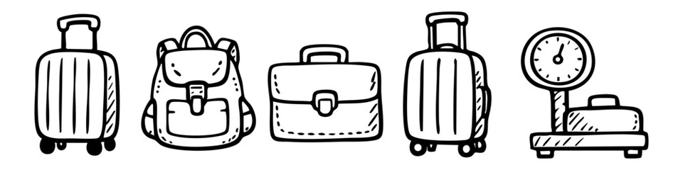 Set of hand-drawn travel luggage icons featuring suitcases, a backpack, briefcase, and baggage scale. Minimalist black and white doodle style for travel, tourism, and airport themed designs. © Nort Kor