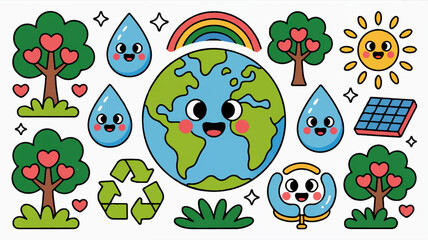 Fototapeta premium Earth with smiling face surrounded by eco friendly symbols and trees with hearts conveying love for the environment and sustainability