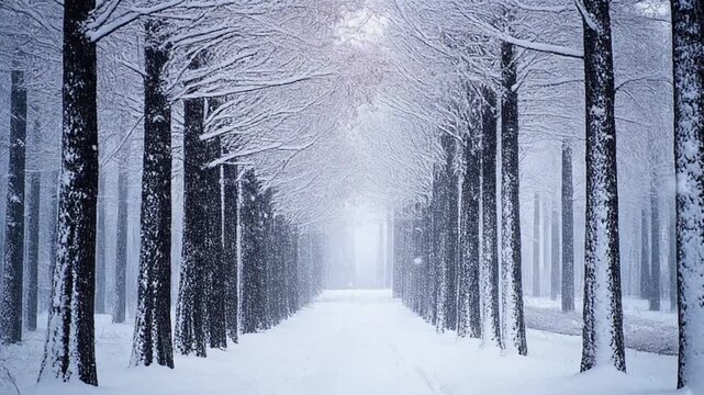 A serene winter scene featuring a snow-covered path lined with bare trees on both sides, leading to a distant bright light