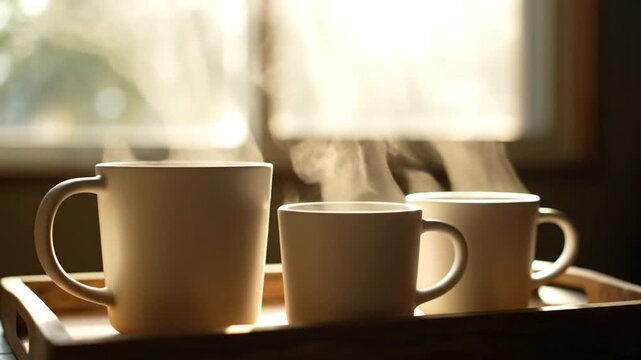 A cozy scene of steam rising from three white coffee mugs on a tray near a window with soft natural light, creating a warm, inviting atmosphere. The mugs are arranged on a tray with a blurred outdoor