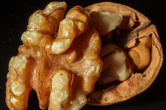A cracked walnut half with seed / nut exposed - Close-Up / Macro / Close Up