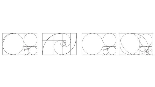 Golden Ratio sequence of squares with inscribed circles and spiral illustration in black and white outline on a white background.