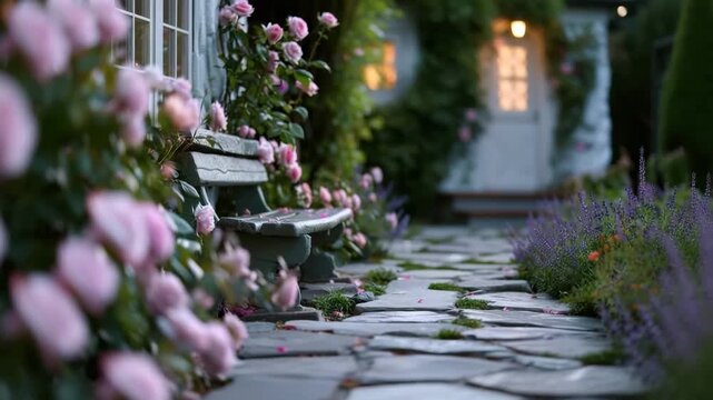 A path made of flagstone guides the viewer through a garden rich with flowers and plants. The house stands nearby, illuminated by soft light as evening approaches