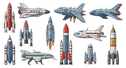 Collection of futuristic spacecraft and rockets in various designs. © Roki