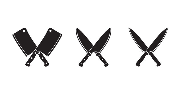 Knives crossed graphic icons in black silhouette, representing culinary tools and kitchen equipment featuring knife icon, cleaver, chef knife with