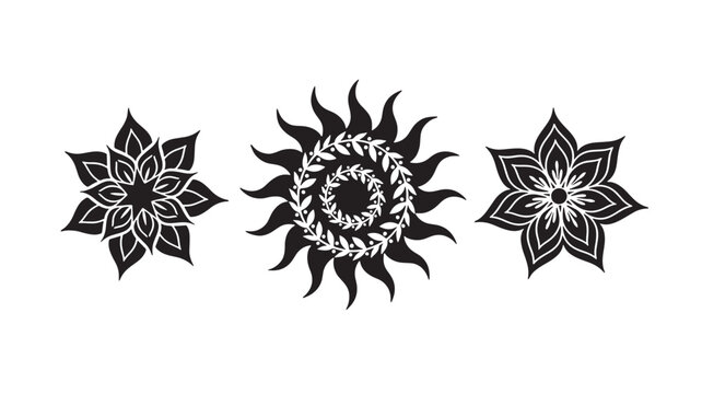 Floral sun mandala and flower silhouettes in black and white, showcasing intricate symmetrical designs for graphic elements.