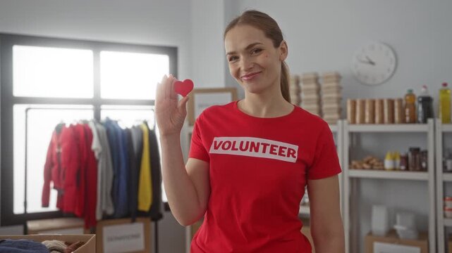 Woman holds red heart prop in donation center building with her right hand while smiling warmly; compassion.