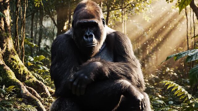 A majestic ape is seated in a jungle setting, bathed in sunlight. The ape stares towards viewer