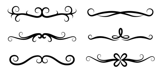 Obraz premium Set of six black ornamental dividers and flourishes on white background, elegant vintage borders, decorative swirls and flower motif. Vector illustration