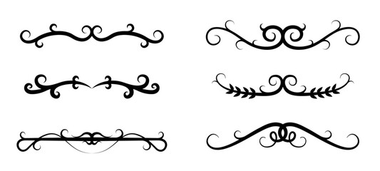 Obraz premium Set of black decorative divider motifs featuring curled scrolls and leaf-like elements on white background. Ornamental, symmetrical, for invitations and layouts. Vector illustration