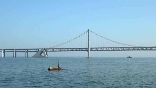 Dalian Cross Sea Bridge Aerial View with Calm Waters and Clear Sky