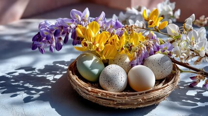 Foggy misty baby blue landscape with levitating blossoms
