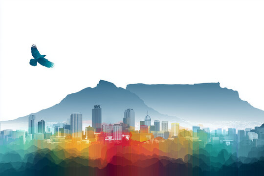 Cape Town city skyline silhouette colorful illustration with Table Mountain