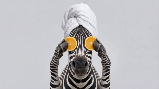 Surreal zebra with a white towel wrapped on head holding orange slices over eyes against plain