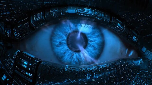 Cyborg eye glowing with blue light in futuristic circuit board
