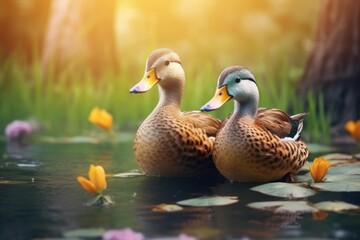 Two ducks gently swimming together in a natural pond surrounded by blooming water lilies