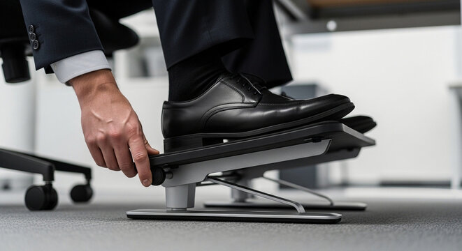 Businessman using adjustable office footrest under desk for ergonomics