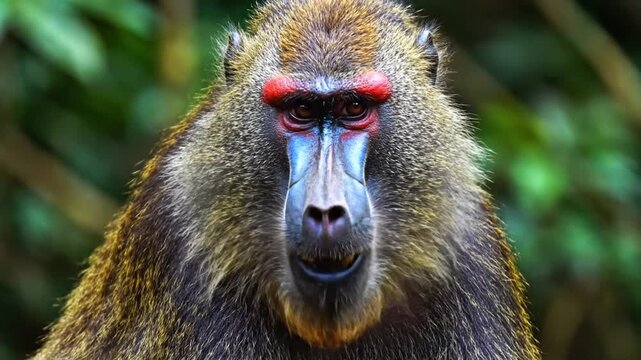 Close-up of a mandrill yawning in a green forest