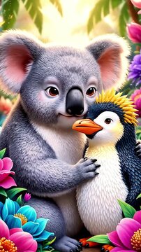 A heartwarming illustration of a friendly koala bear embracing an adorable penguin amidst vibrant tropical flowers and lush foliage evoking feelings of friendship and joy