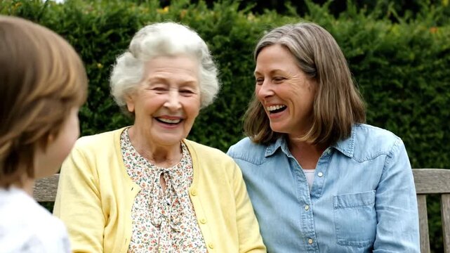 Four generations of women sharing a joyful moment outdoors, laughing and smiling, with a lush green hedge background, engaging in warm conversations and affectionate gestures.
