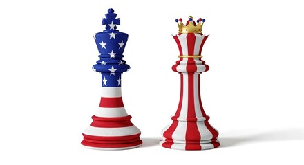 Fototapeta premium 3D chess pieces king in red and blue with crowns and stars on white background for strategy and leadership concept