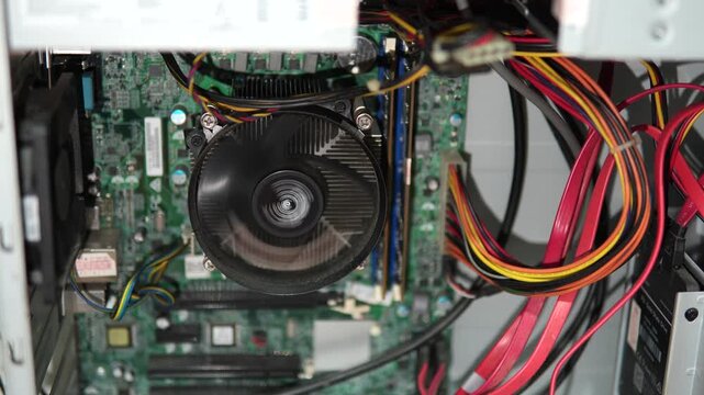 Close-up of computer motherboard with cables