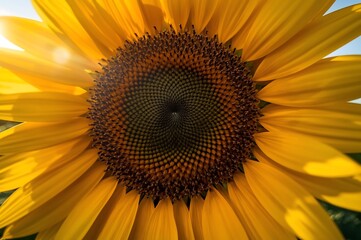Naklejka premium Extreme close-up on the intricate pattern of a sunflower's center, with petals glowing in warm sunlight, showing detailed texture and organic form
