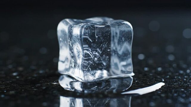 A melting ice cube with a stream of water flowing down its sides, sitting on a dark surface