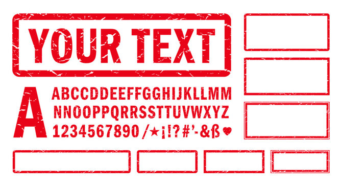 Alphabet, numbers and symbols to create a custom red stamp impression. Different doubled letters. All elements separate