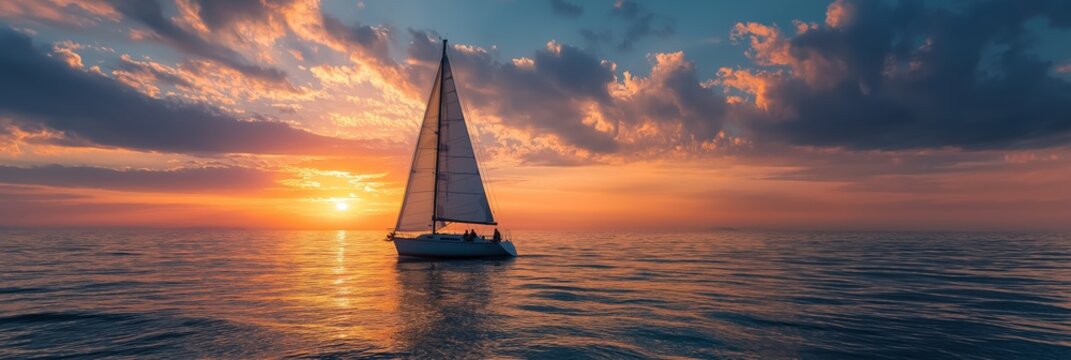 Sailboat sailing on ocean water during a colorful cloudy sunset creating a romantic mood. Sailboat cruising at sunset with a couple on board