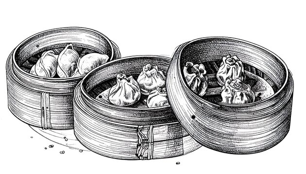 Three bamboo steamers holding diverse types of dumplings, rendered in detailed monochrome sketch art