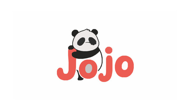 Cartoon Panda Hugging Jojo Logo Playful Coral Red Typography Vector Mascot Design
