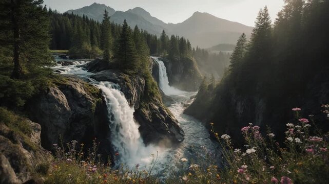 A serene mountainous landscape featuring a cascading waterfall flowing into a river, surrounded by lush greenery and vibrant wildflowers