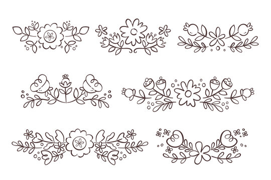 Floral border collection. Cute hand-drawn floral decorative text dividers in doodle style. Vector illustration.