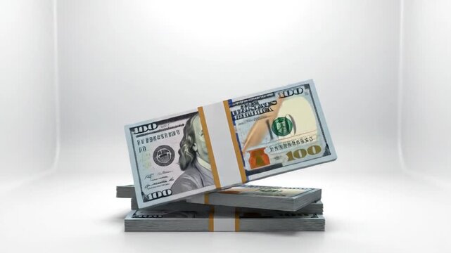 A stack of bundled banknotes with some notes floating in mid-air