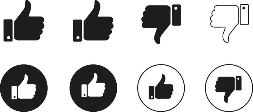Like and dislike icons set, thumbs up and thumbs down symbols for rating feedback social media interface flat vector illustration