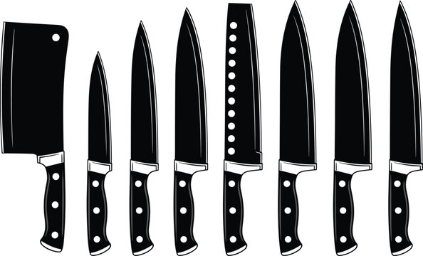 Professional kitchen knife set black silhouette isolated chef knives collection butcher cleaver culinary tools cooking equipment flat vector illustration bundle