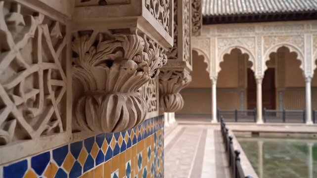 Intricate Islamic Architecture Courtyard with Reflecting Pool and Detailed Tilework.