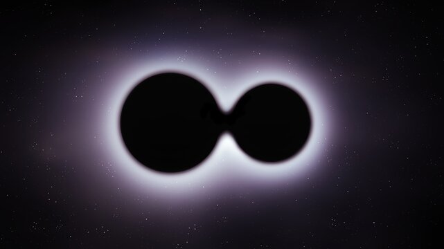Merger of two supermassive black holes in space. Interaction of singularities isolated. Black holes collided.