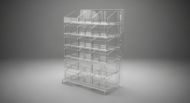 Clear plastic multilevel shelf unit for display purposes  empty and isolated on gray background