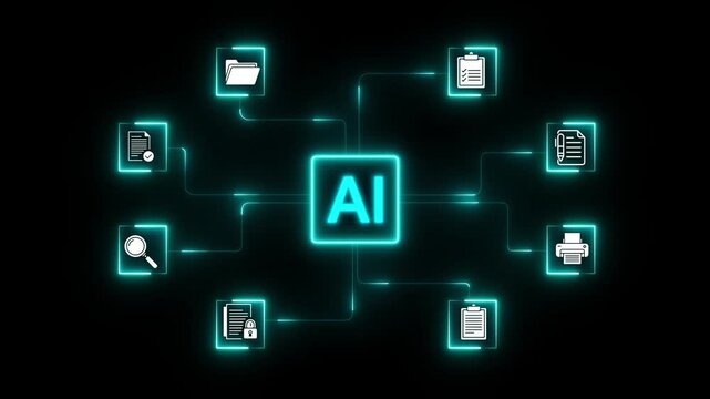 A flowchart document the process of artificial intelligence and its various applications. neon tool box in file concept . 4k transparent background.