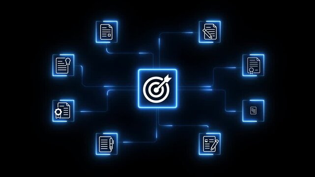 Document management system hologram with files and folders. Abstract Digital Communication Network: Glowing Neon Email Icons and file Symbols. 4k motion on transparent background.
