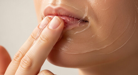 Fototapeta premium Woman applying transparent moisturizing lip mask for hydration