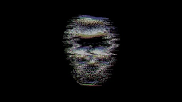 Animated hipster skull featuring a styled pompadour hairstyle and a large handlebar mustache with a vibrant digital glitch effect and RGB color shifts on a black background.